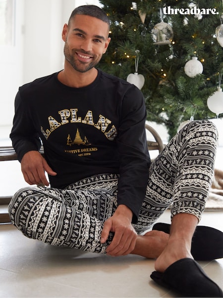 Threadbare Black 100% Cotton Long Sleeve Christmas Fairisle Pattern Pyjamas Set (AJ9622) | €17