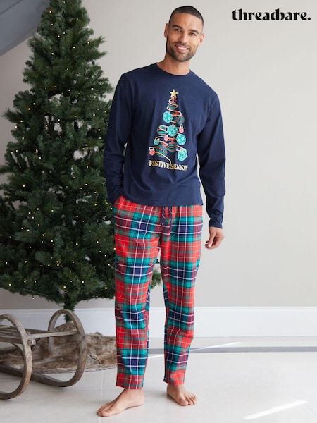 Threadbare Blue Cotton Long Sleeves Check Christmas 100% Cotton Pyjamas Set (AJ9623) | €23