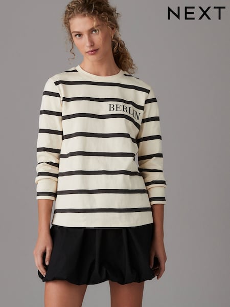 Ecru/Navy Long Sleeve Heavyweight Crew Neck T-Shirt (AJ9728) | kr281