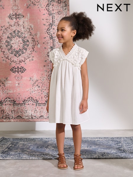 White Crochet Trim Summer Dress (3-16yrs) (AJ9736) | €25 - €33