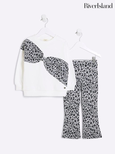 River Island Cream Girls Leopard Print Bow 100% Cotton Sweatshirt (AJ9889) | 59 QAR