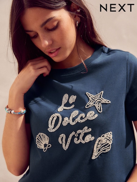 כחול כהה - 100% Cotton Beaded Graphic Embellished T-shirt (AJ9908) | ‏87‏₪