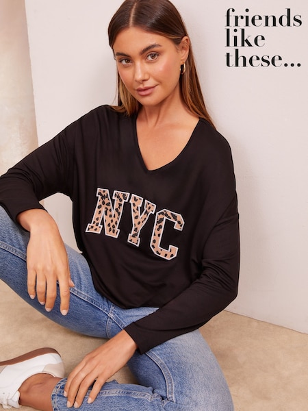 Friends Like These Black Graphic Slogan Soft Jersey V-Neck Long Sleeve Tunic Top (AJ9918) | OMR14