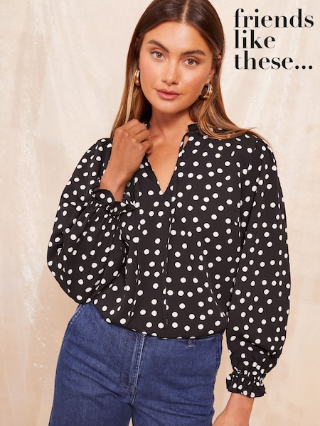 Friends Like These Black & White Long Sleeve Tie Blouse (AJ9926) | $47