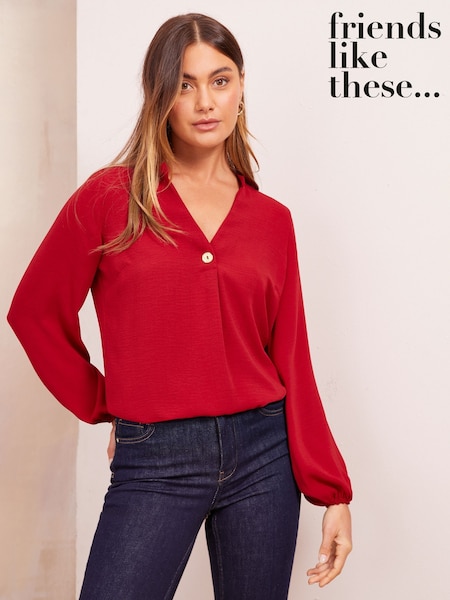 Friends Like These Red V-Neck Long Sleeve Button Blouse (AJ9928) | 74 QAR