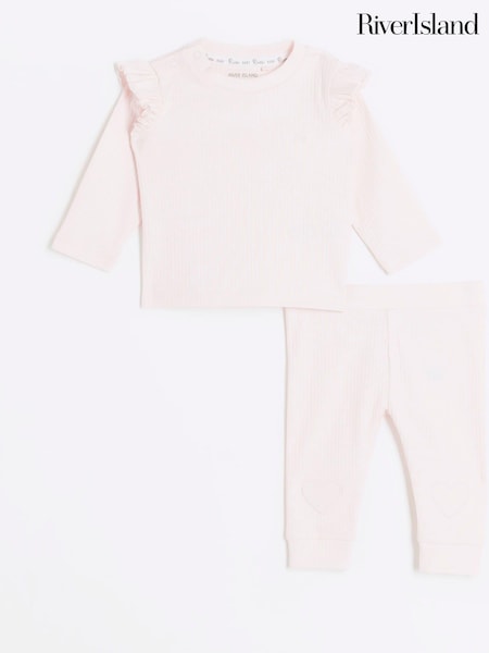 River Island Pink Baby Girls Frill Heart 100% Cotton Rib Top and Leggings Set (AJ9988) | €20