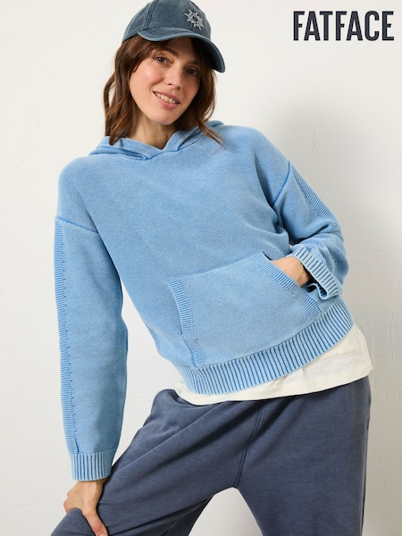 FatFace Blue Lana Laundered Knitted 100% Cotton Hoodie (AJ9991) | $96