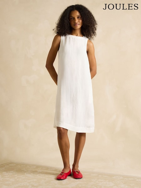 Joules Delphine White Shift Dress With Linen (AK0005) | R$ 545