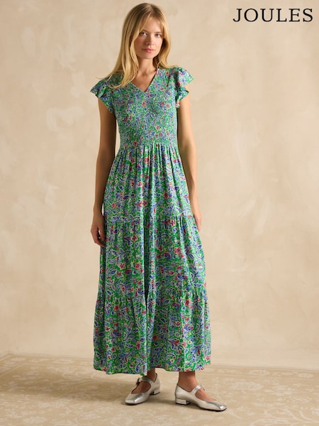 Joules Esme Green Shirred Midi Dress (AK0010) | R$ 485
