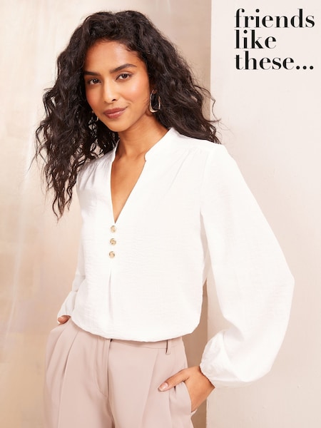 Friends Like These Ivory Long Sleeve Button Notch Neck Blouse (AK0124) | ₪151