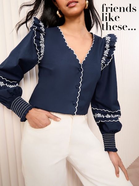Friends Like These Navy Long Sleeve Embroidered Scallop Trim Blouse (AK0131) | 188 QAR