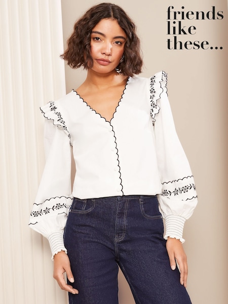 Friends Like These Cream Long Sleeve Embroidered Scallop Trim Blouse (AK0132) | ₪191