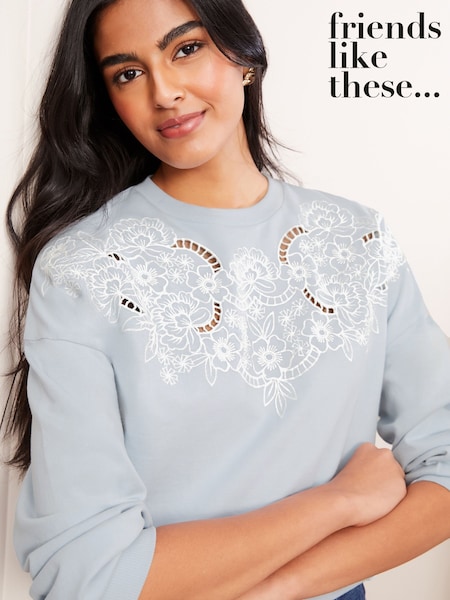 Friends Like These Blue Long Sleeve Crew Neck Embroidered Cutwork Sweatshirt (AK0138) | €45