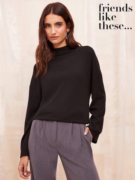 Zwart - Friends Like These Comfortabele top met opstaande kraag en lange mouwen (AK0142) | € 17
