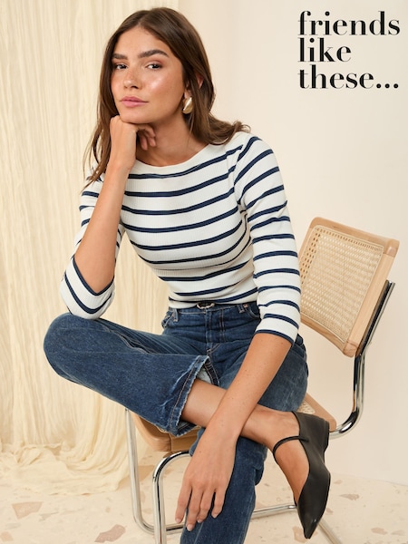 Navy&Ecru Raita - Friends Like These 100% puuvillaa 3/4 hihainen ribbed venekaula T-paita (AK0147) | €25