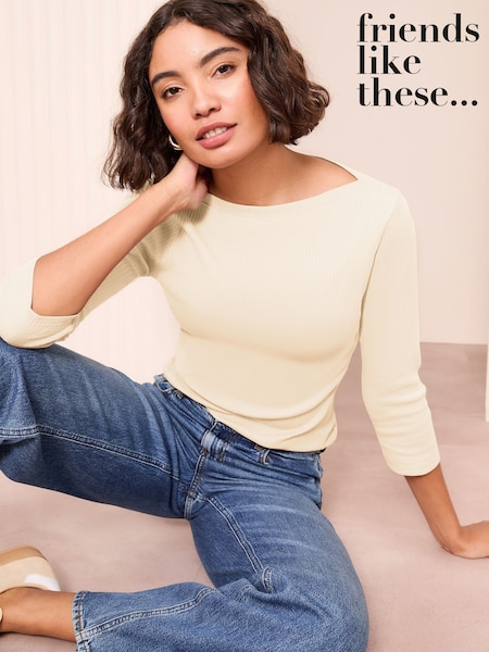 Кремовый - Friends Like These 100% Cotton 3/4 Sleeve Ribbed Boat Neck T-Shirt (AK0148) | €20