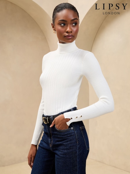 Lipsy Ivory Ribbed Roll Neck Knit Jumper (AK0155) | €42
