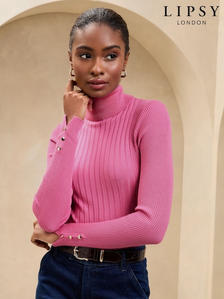 Lipsy Pink Ribbed Roll Neck Knit Jumper (AK0156) | €42