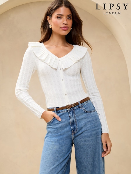 Колір слонової кістки - Lipsy оборка Front V-подібний виріз Pointelle Detail лонгслів Knit Top (AK0157) | 2 343 грн