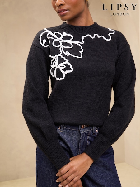 Black Knitted Cornelli Flower Detail - Lipsy Cosy Jumper (AK0162) | 68 €