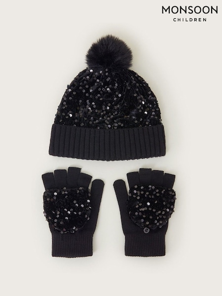 Monsoon Black Sequin Pom Beanie And Gloves Set (AK0174) | AED96 - AED99