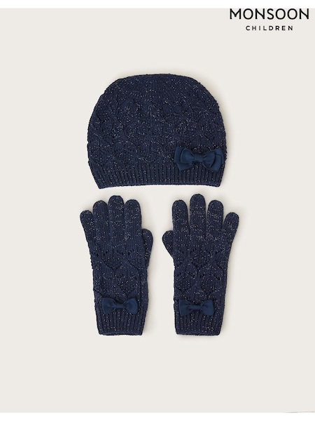 Monsoon Blue Sparkle Bow Winter Hat and Gloves Set (AK0175) | €33 - €34
