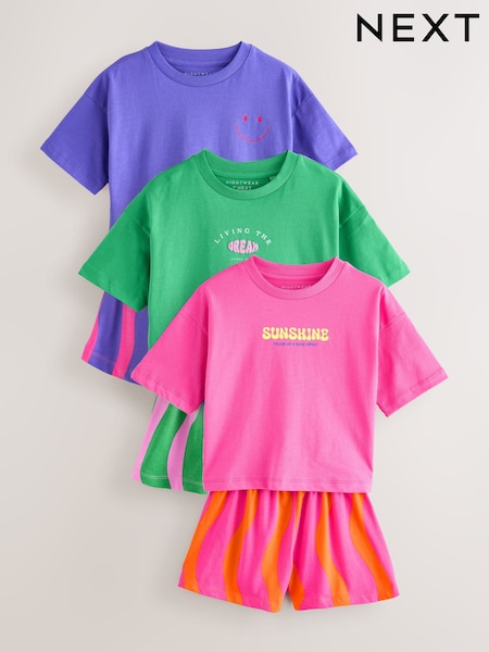 Green/Pink 100% Cotton Stripe Short Pyjamas 3 Pack (3-16yrs) (AK0215) | €39 - €49