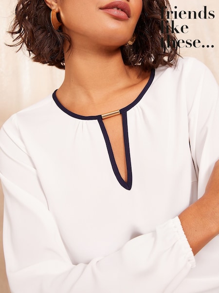 Friends Like These Cream Petite Long Sleeve Tipped Trim Blouse (AK0278) | ₪161