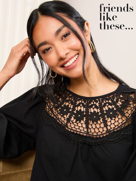 Friends Like These Black 3/4 Sleeve Lace Insert Top (AK0284) | ₪181