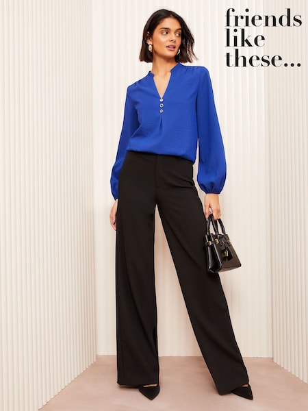 Friends Like These Blue Petite Long Sleeve Button Notch Neck Blouse (AK0286) | €23