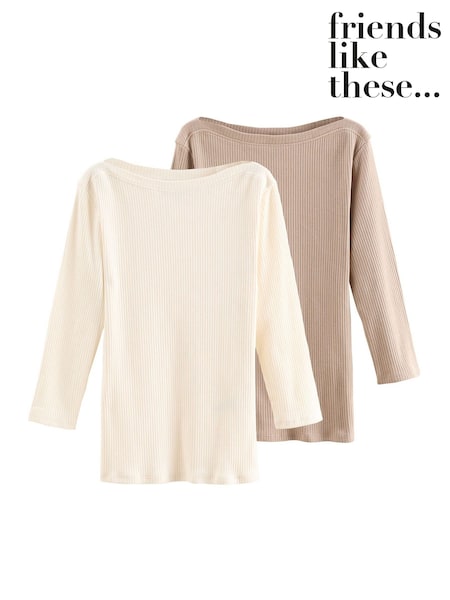 Crema - Friends Like These Ribbed Boat Neck 100% Cotton Jersey T-Shirts 2 Pack (AK0289) | 41 €