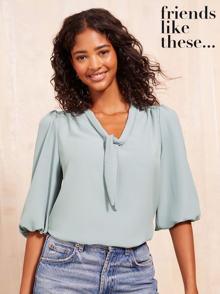 Friends Like These Blue Petite V-Neck Bow Front 3/4 Sleeve Blouse (AK0296) | 1,802 UAH