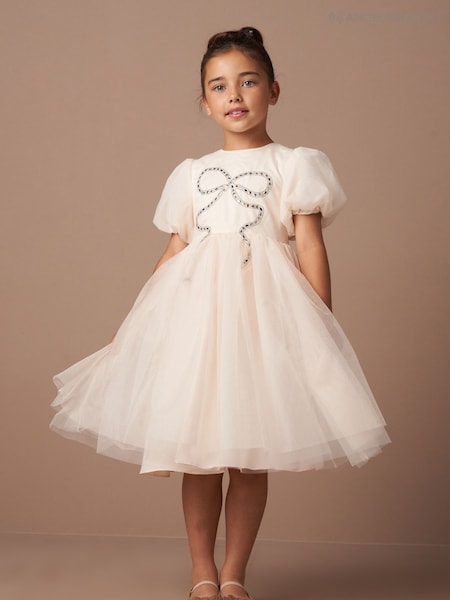 Angel & Rocket Cream Allegra Champagne Silver Bow Dress (AK0624) | AED440 - AED482