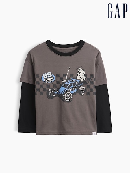 Grå/sort - Gap Graphic Langærmet T-shirt (6måneder-5år)