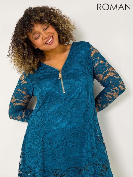 Roman Green Curve Zip Front Lace Stretch Top (AK0722) | €48