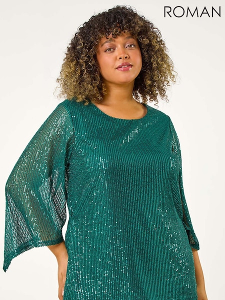 Roman Green Curve Sheer Sleeve Sequin Top (AK0727) | €48