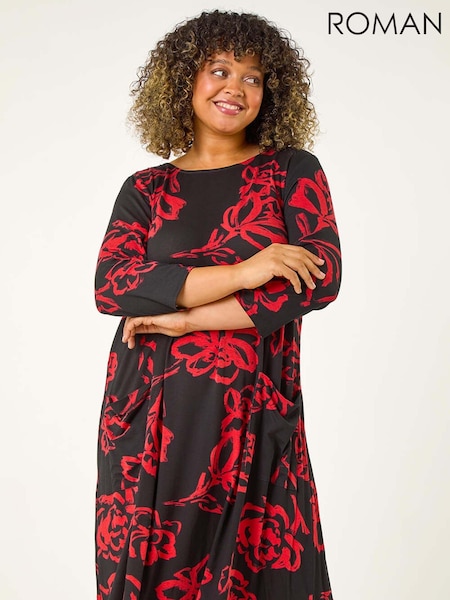 Roman Red Curve Floral Print Pocket Swing Dress (AK0728) | €53