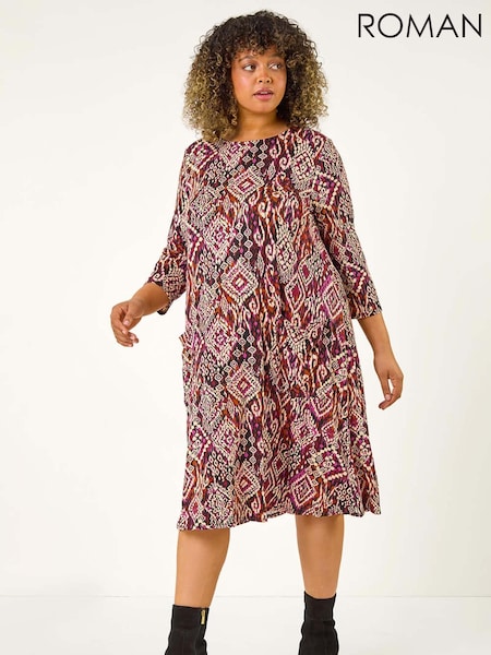 Roman Brown Curve Print Pocket Swing Dress (AK0744) | €53