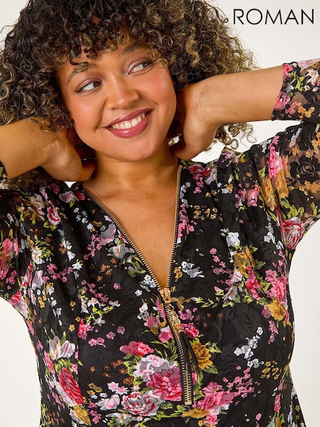 Roman Pink Curve Floral Print V-Neck Zip Front Top (AK0746) | €51