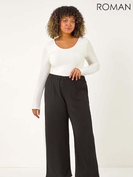 Roman Black Curve Textured Elastic Waist Wide Leg Trousers (AK0755) | €50