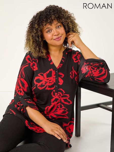 Roman Red Curve Stretch Jersey Floral Print Top (AK0758) | AED277