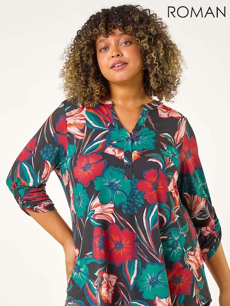 Roman Red Curve Stretch Jersey Floral Print Top (AK0765) | AED277