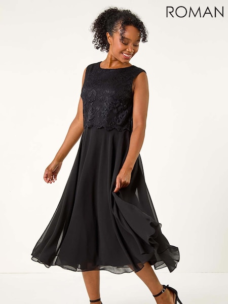 Roman Black Petite Lace Overlay Midi Dress (AK0784) | €100