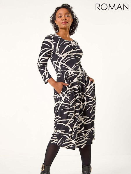 Roman Black Petite Linear Print Button Stretch Midi Dress (AK0786) | €58