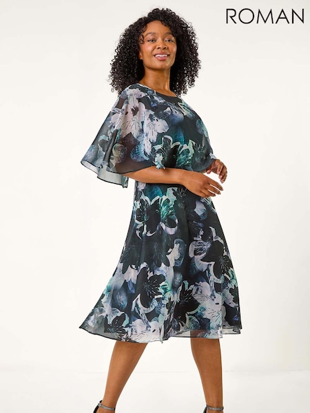 Roman Black Petite Abstract Floral Print Cape Dress (AK0788) | 297 QAR