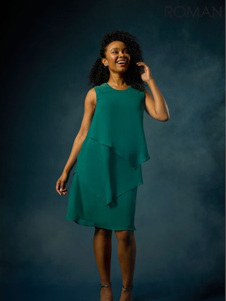 Roman Green Petite Embellished Tiered Shift Dress (AK0789) | 272 QAR