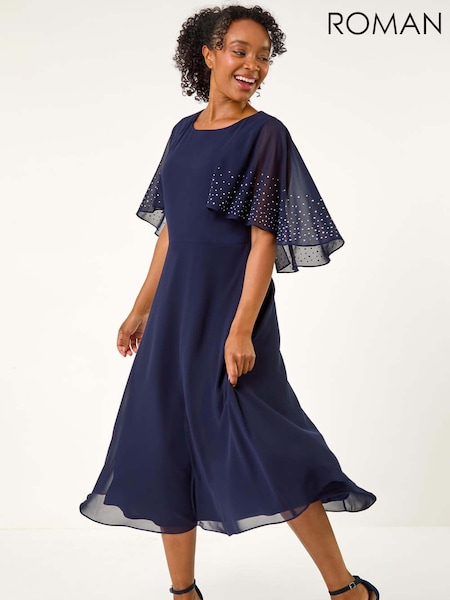 Roman Blue Petite Hotfix Embellished Back Cape Dress (AK0811) | €79