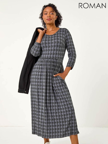 Roman Grey Petite Geometric Spot Midi Dress (AK0816) | €53