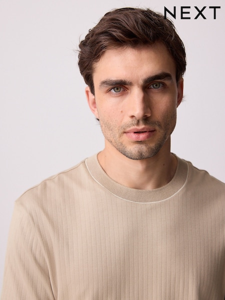 Neutral Ribbed Textured 100% Cotton T-Shirt (AK0826) | AED70