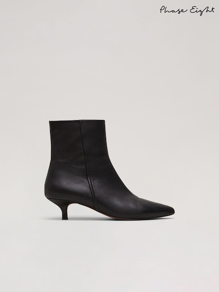 Phase Eight Black Leather Kitten Heel Boots (AK0856) | AED434